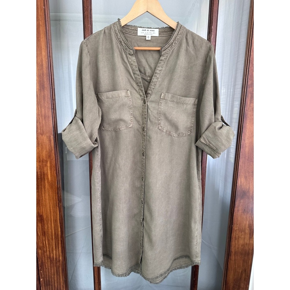Cloth & Stone Dress M Gray Olive Long Sleeve Roll Tab V-Neck Button Front Pocket